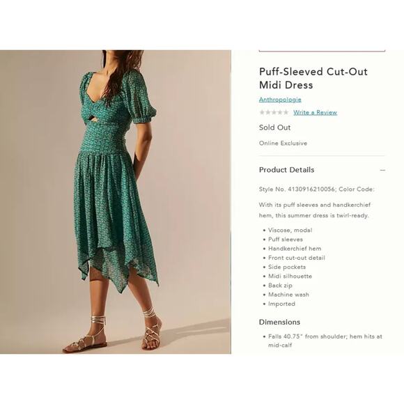 Anthropologie Floral Puff Sleeved Cut Out Midi Dress Handkerchief Green Size 8 - Picture 4 of 8